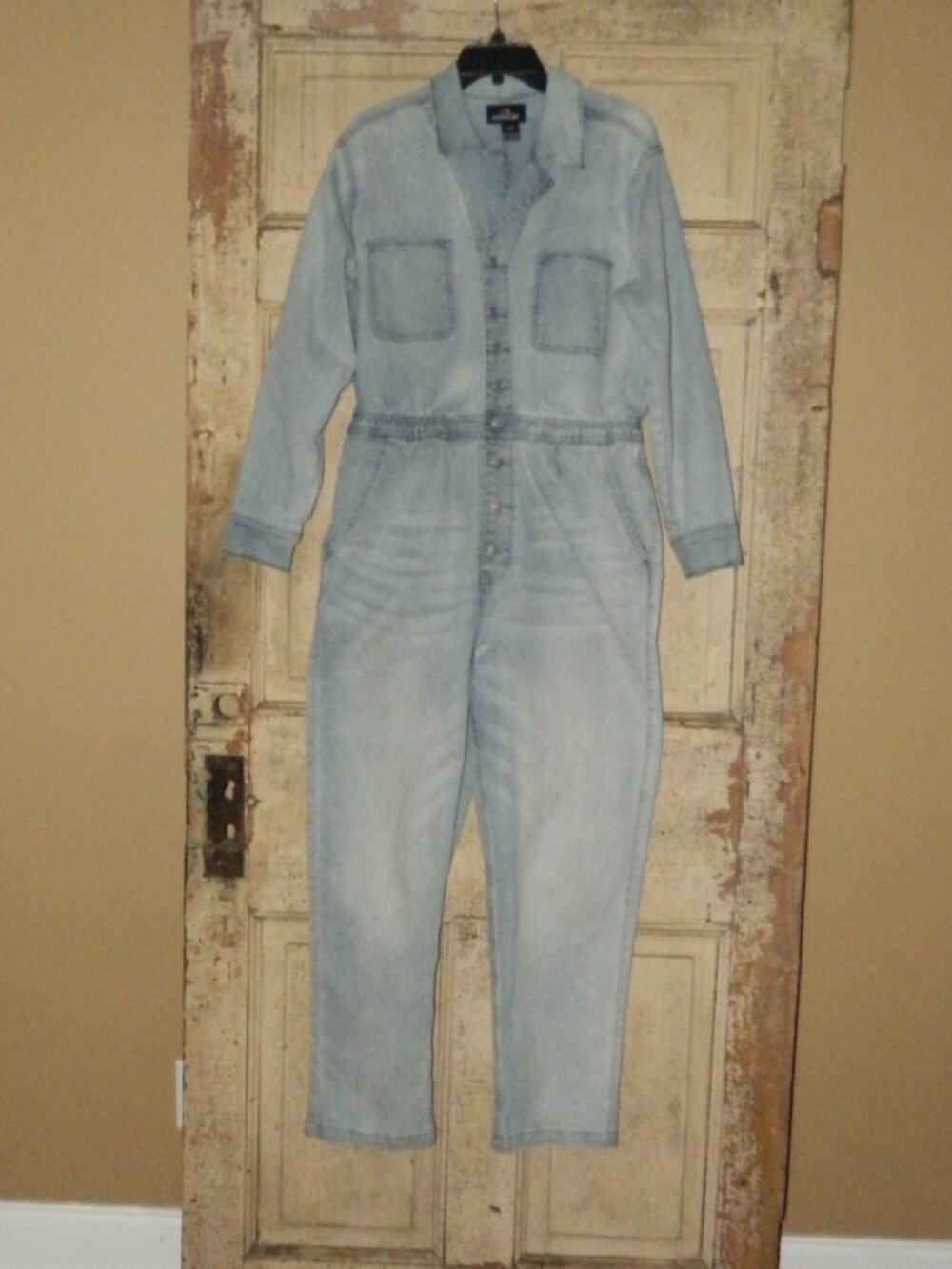 VTG Jordache Washed Denim Jumpsuit Button Long Sleeve 70s 80s Boho Sz L (CL BIN)